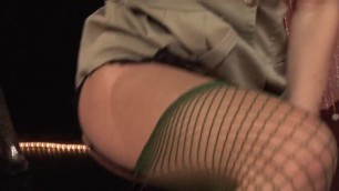 British blonde slut gets fucked dressed in Green fishnets