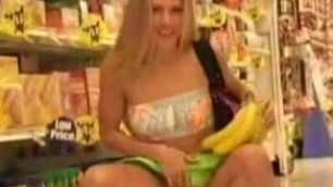 Blonde with dildo, cucumber and banana