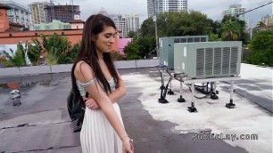 American student sucks on the roof top pov