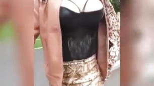 busty sissy walks around town