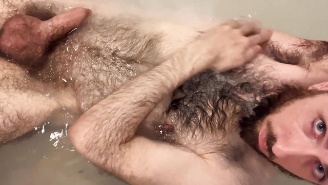 Uncut white guy washing myself and showing off my very hairy pale body in the bathtub