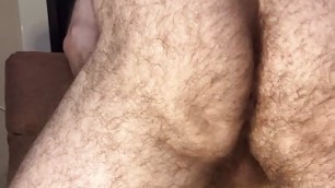 Very hairy uncut white guy fucks a TPE half-doll in the ass until cum drips down her thigh